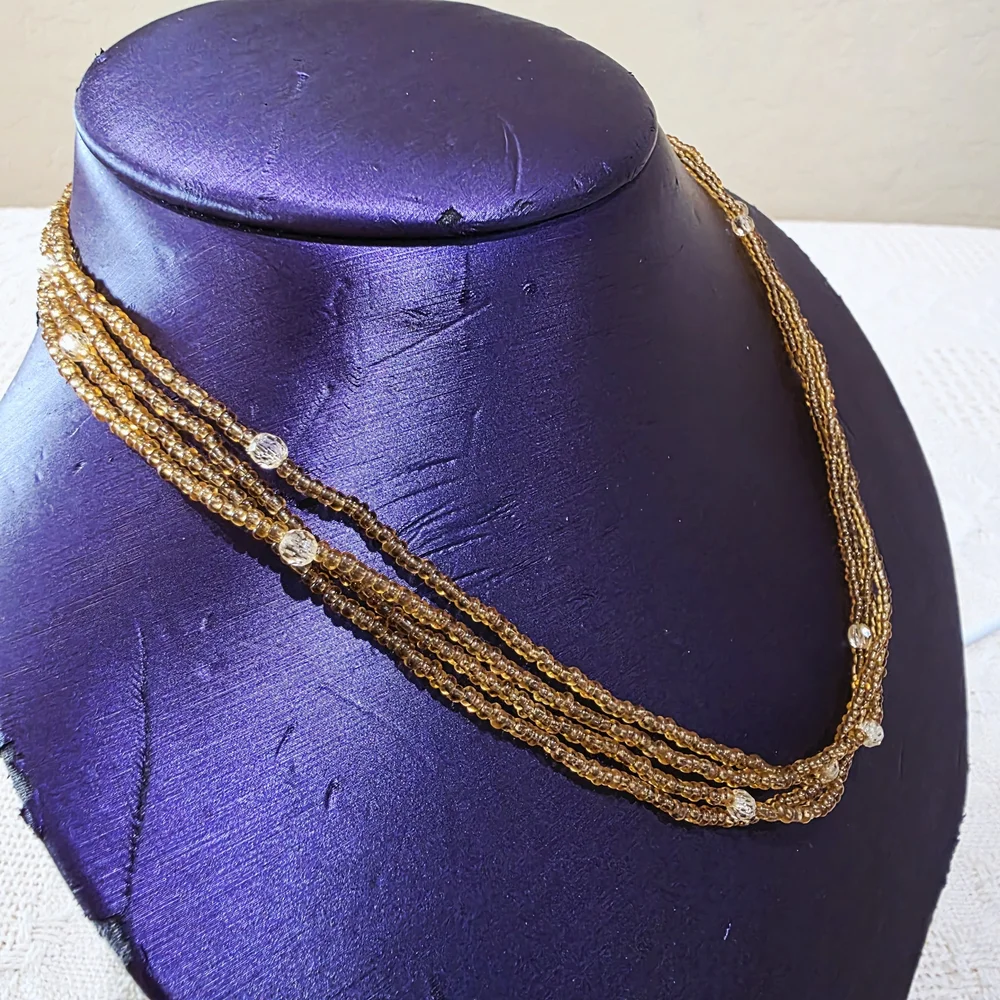 Vintage Glass Bead Beaded Amber Orange Gold White 4 Strand Layered Necklace